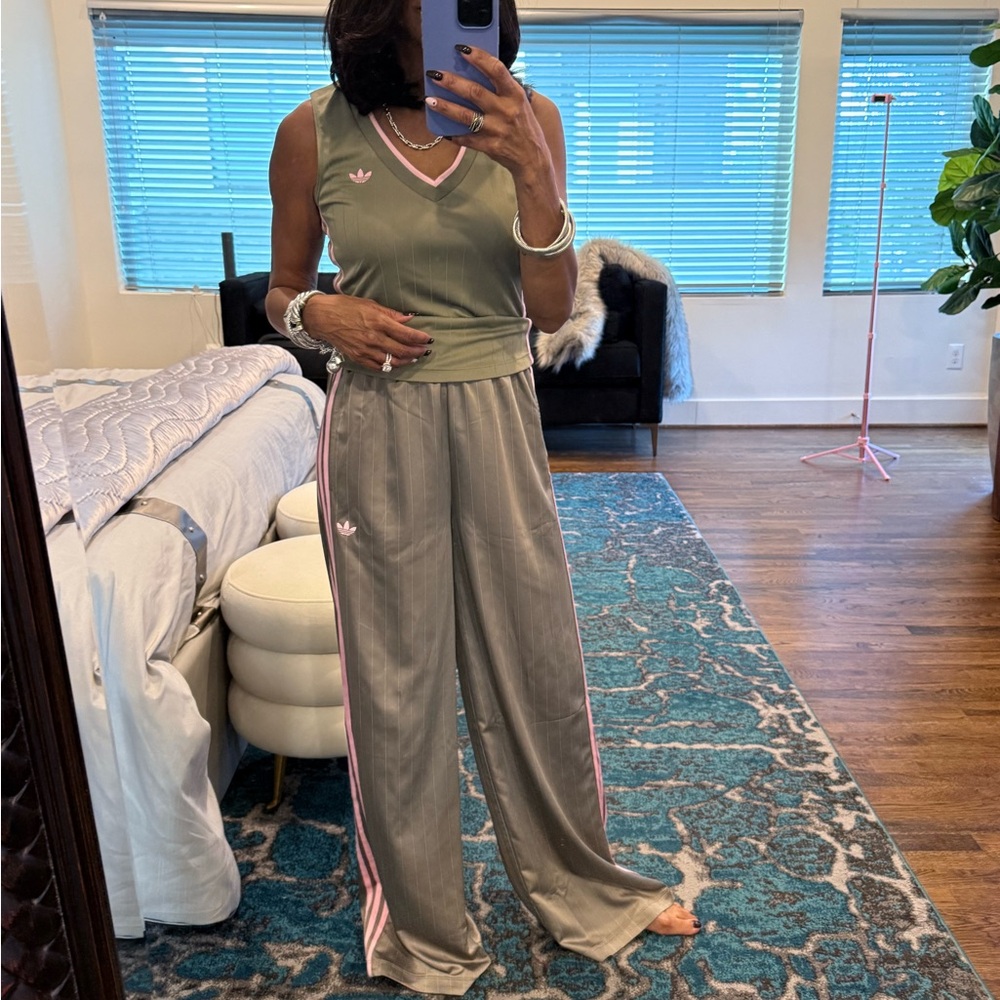 Adidas Women's Green Jumpsuit with Pink Stripes
